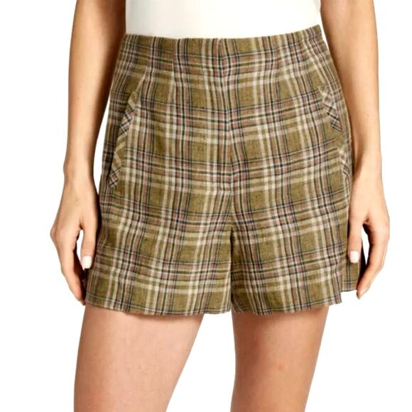 NEW! Veronica Beard 4 Jazmin Plaid 100% Linen Shorts Preppy High Rise Brown Tan - Picture 1 of 8